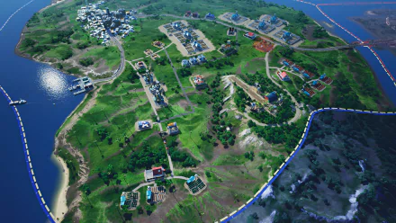 HD desktop wallpaper featuring an aerial view of a vibrant, sprawling in-game estate from the video game Cartel Tycoon, with strategic points and structures set amidst lush green terrain and coastal areas.