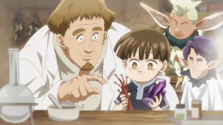 HD wallpaper of a scene from The Seven Deadly Sins: Four Knights of the Apocalypse anime, featuring a character in a lab coat with a young child and magical creatures in a cozy workshop setting.