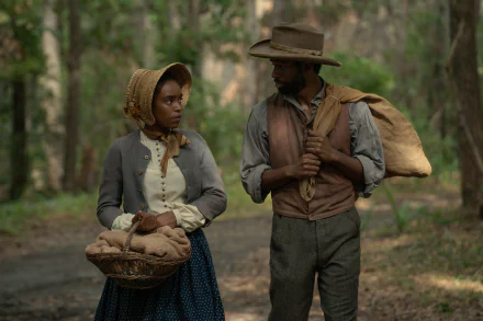 HD wallpaper from Manhunt (2024) TV show featuring two characters in period costumes standing in a forest setting.