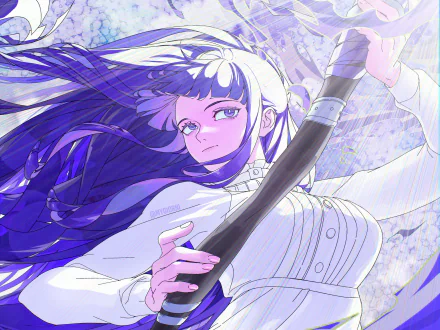 Anime desktop wallpaper of Fern from Frieren: Beyond Journey's End — close-up of Fern with flowing purple hair, holding a staff, 2K Quad HD PC desktop background.