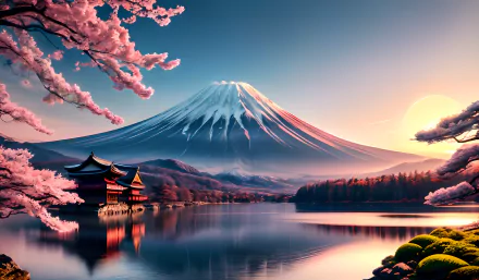 HD desktop wallpaper featuring Mount Fuji reflected in a tranquil lake, framed by vibrant cherry blossoms and traditional architecture at sunrise.