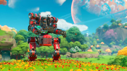 HD desktop wallpaper of Lightyear Frontier video game featuring a red mech exploring a vibrant alien planet with lush greenery and a large moon in the background.