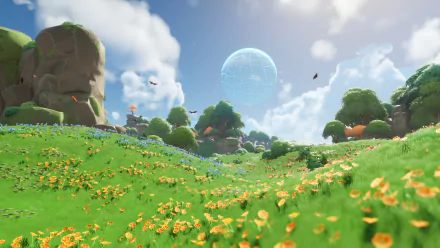 HD wallpaper of Lightyear Frontier game showcasing a vibrant in-game landscape with lush greenery and a futuristic planet in the background.