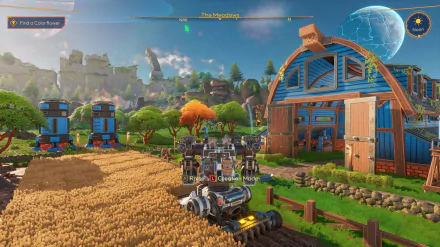 HD desktop wallpaper showcasing a Lightyear Frontier video game scene with futuristic farming machinery and a quaint farmhouse amid an idyllic alien landscape.