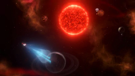 HD Stellaris video game wallpaper featuring a spaceship near a ringed planet with a red sun and multiple planets in the backdrop.