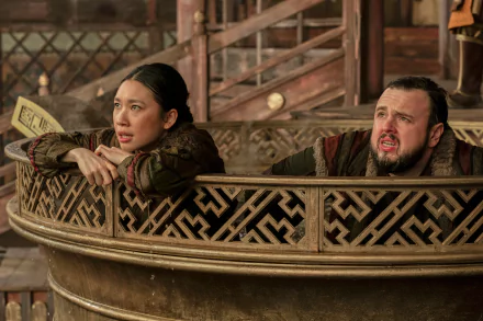 A scene from the TV show 3 Body Problem featuring characters, including John Bradley, peering over a decorative railing, set in a richly detailed environment. HD desktop wallpaper.