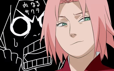 A vibrant HD wallpaper featuring Sakura Haruno from the anime Naruto, showcasing her confident expression against a striking black background with playful elements.
