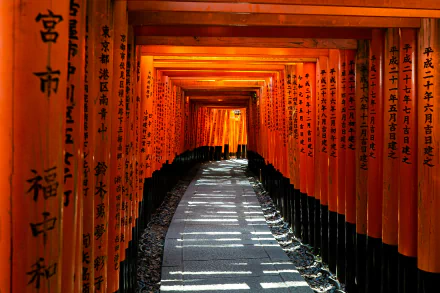 A scenic view of the iconic Fushimi Inari-taisha in Kyoto, Japan, showcasing a vibrant tunnel of red torii gates guiding a tranquil pathway.