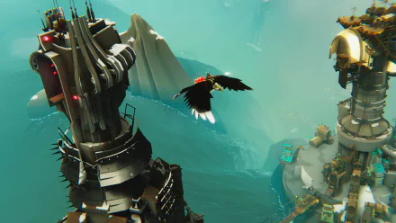 HD wallpaper of Bulwark: Falconeer Chronicles video game featuring a majestic bird flying near futuristic sea forts under a hazy sky.