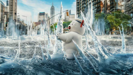 HD desktop wallpaper featuring a scene from Ghostbusters: Frozen Empire with a character amidst dynamic water effects on a city street.