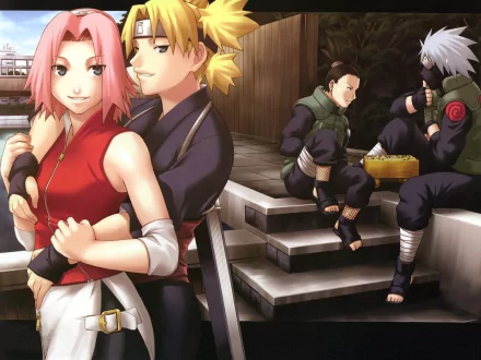 HD desktop wallpaper featuring characters from the anime Naruto: Sakura Haruno and Temari in the foreground, with Shikamaru Nara and Kakashi Hatake in the background, enjoying a casual moment.