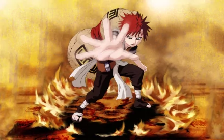 HD wallpaper featuring Gaara from the anime Naruto in a dynamic pose, with flames surrounding him on a fiery background.