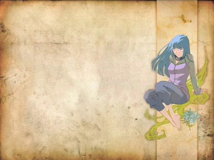 HD wallpaper featuring Hinata Hyuga from the anime Naruto. The illustration showcases her seated gracefully against a textured background.