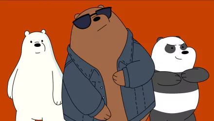 HD wallpaper featuring the main characters from the TV show We Bare Bears, with the three bear brothers standing confidently against an orange background.