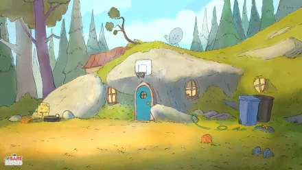 HD desktop wallpaper featuring the We Bare Bears cartoon with their characteristic cave home surrounded by nature.