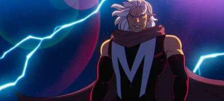 Magneto from X-Men '97 animated series, portrayed in HD desktop wallpaper with vibrant cosmic background.