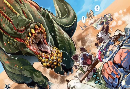A dynamic HD wallpaper featuring Deviljho from Monster Hunter, showcasing the fierce monster in action, with characters reacting in surprise amid a vibrant battle scene.