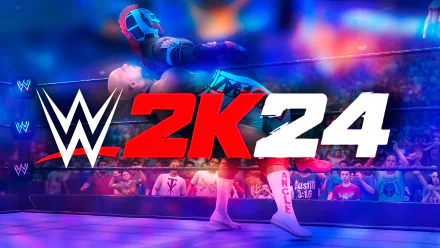 WWE 2K24 video game HD desktop wallpaper featuring a dynamic wrestling move with vibrant lighting and excited audience in the background.