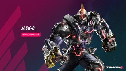 HD desktop wallpaper featuring Jack-8 from Tekken 8, posed as a high-tech fighter against a vibrant purple and pink background.