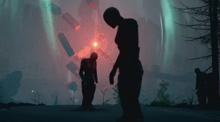 HD wallpaper of Pacific Drive video game featuring silhouettes and atmospheric lights in a mysterious setting.