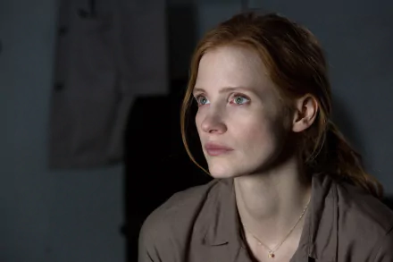 HD wallpaper featuring an introspective moment from the movie Interstellar with a female character showing a thoughtful expression in a dimly lit room.