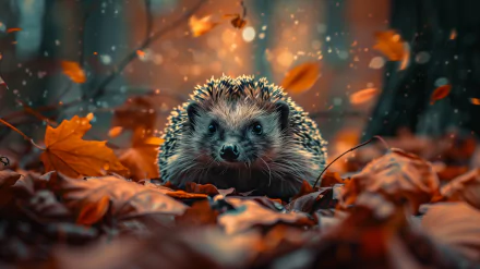A cute hedgehog nestled among autumn leaves, in a high-definition desktop wallpaper with a warm, moody color palette.