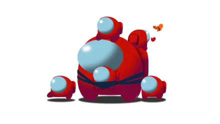 A vibrant HD wallpaper featuring colorful characters from the video game Among Us, showcasing a playful red crewmate surrounded by smaller companions.