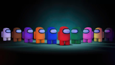 HD desktop wallpaper featuring colorful characters from the video game Among Us arrayed in a dark background.