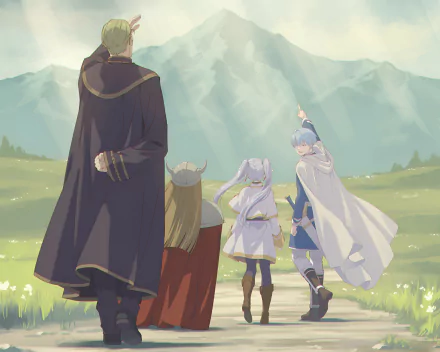 HD anime wallpaper from Frieren: Beyond Journey’s End, depicting four characters walking toward misty mountains in a serene, open landscape.