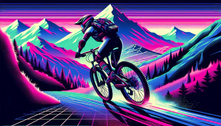 Vibrant HD desktop wallpaper featuring mountain biking, showcasing a cyclist on a trail against a retro-futuristic mountainous backdrop.