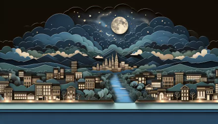 HD wallpaper of a stylized artistic night view featuring a full moon over clouds, mountains, and a serene town with a reflective river.