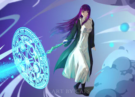 Anime wallpaper: Fern from Frieren: Beyond Journey's End, purple-haired mage in a flowing robe summons a glowing blue magic sigil — 5K Ultra HD PC desktop background.