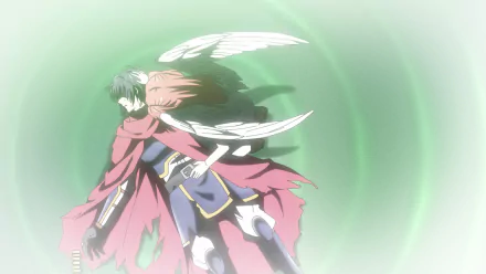 HD wallpaper featuring an anime scene from The Banished Former Hero Lives as He Pleases, showcasing a character with wings and a flowing cape in dynamic action.
