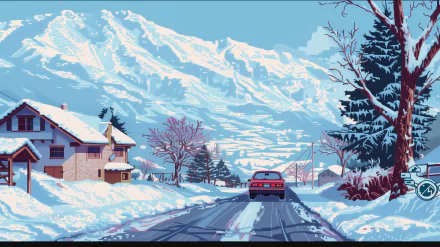 HD desktop wallpaper featuring a snowy road with a car, surrounded by winter scenery and mountains.