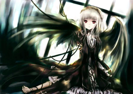 HD anime desktop wallpaper featuring a dark, elegant Rozen Maiden character with flowing black wings and red eyes in a dynamic, ethereal background.