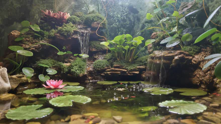 A serene garden pond featuring vibrant lily pads and a delicate pink lily, surrounded by lush greenery and gentle waterfalls, creating a tranquil natural oasis.
