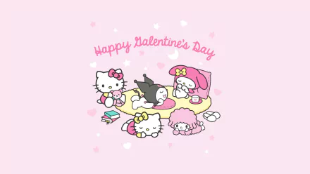 Valentine's Day themed anime wallpaper featuring Hello Kitty and friends from Onegai My Melody series on a soft pink background.