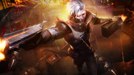 HD desktop wallpaper featuring Granger from Mobile Legends: Bang Bang, showcasing an action-packed scene with dramatic lighting and dynamic poses.