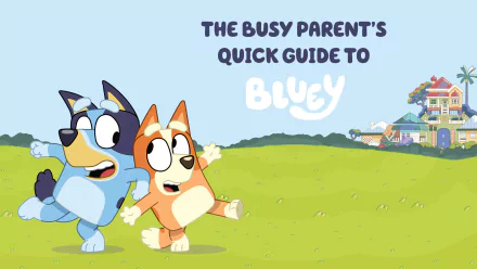 HD desktop wallpaper of Bluey TV show featuring characters Bluey and Bingo with The Busy Parent's Quick Guide to Bluey text on a sunny outdoor backdrop.