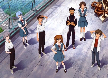 A high-definition wallpaper featuring characters from Neon Genesis Evangelion, including Hikari Horaki, Rei Ayanami, Asuka Langley Sohryu, Kaworu Nagisa, and Shinji Ikari.