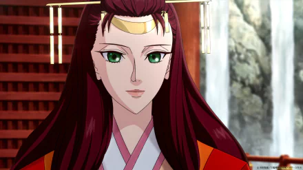 Anime character from YATAGARASU: The Raven with long red hair and green eyes, featured in an HD desktop wallpaper with traditional Japanese elements and waterfall background.