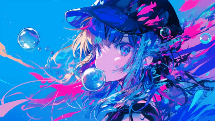 Anime girl with blue hair and cap on vibrant blue and pink background HD wallpaper.