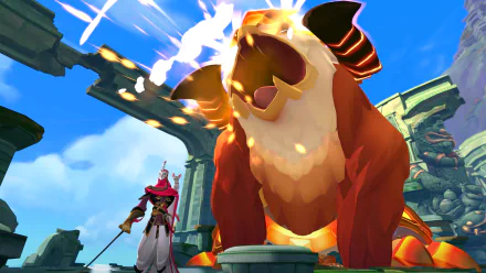 HD wallpaper featuring a character from Gigantic: Rampage Edition video game standing before a large fantastical creature in an animated scene.