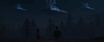 HD wallpaper featuring two silhouettes watching Star Destroyers from Star Wars: Tales of the Empire above a forest at night.
