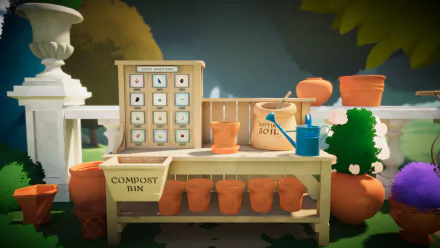 HD wallpaper of Botany Manor video game featuring a gardening table with pots, soil, and a compost bin.
