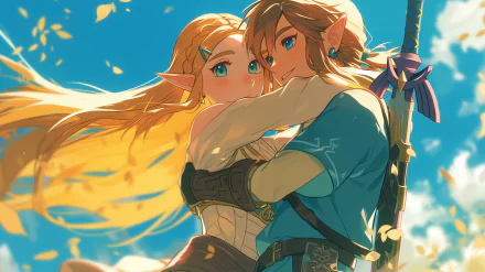 HD wallpaper of Link and Zelda from The Legend of Zelda: Breath of the Wild with a vibrant backdrop.