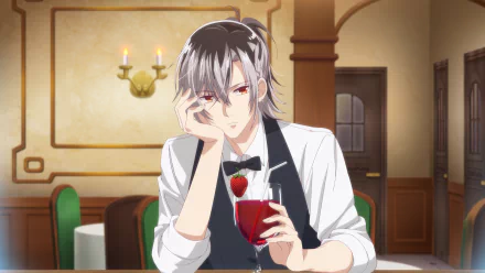 HD Anime Vampire Dormitory wallpaper featuring a charming male character with silver hair, holding a wine glass, set in an elegant dining room.