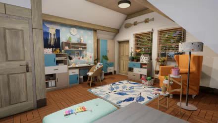 HD wallpaper of a cozy, well-decorated interior room from the video game House Flipper 2, showing a living area with modern furniture and vibrant decor.