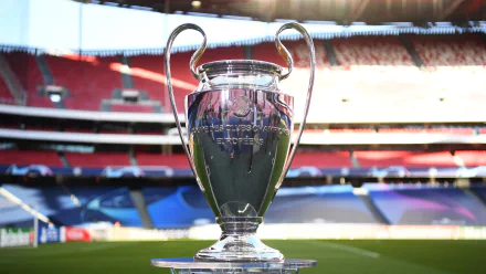 HD wallpaper of the UEFA Champions League trophy displayed on the pitch with a blurred stadium background.