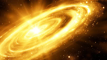 HD desktop wallpaper of a stylized golden spiral galaxy with bright stars and cosmic swirls against a dark background, evoking a sense of sci-fi wonder.